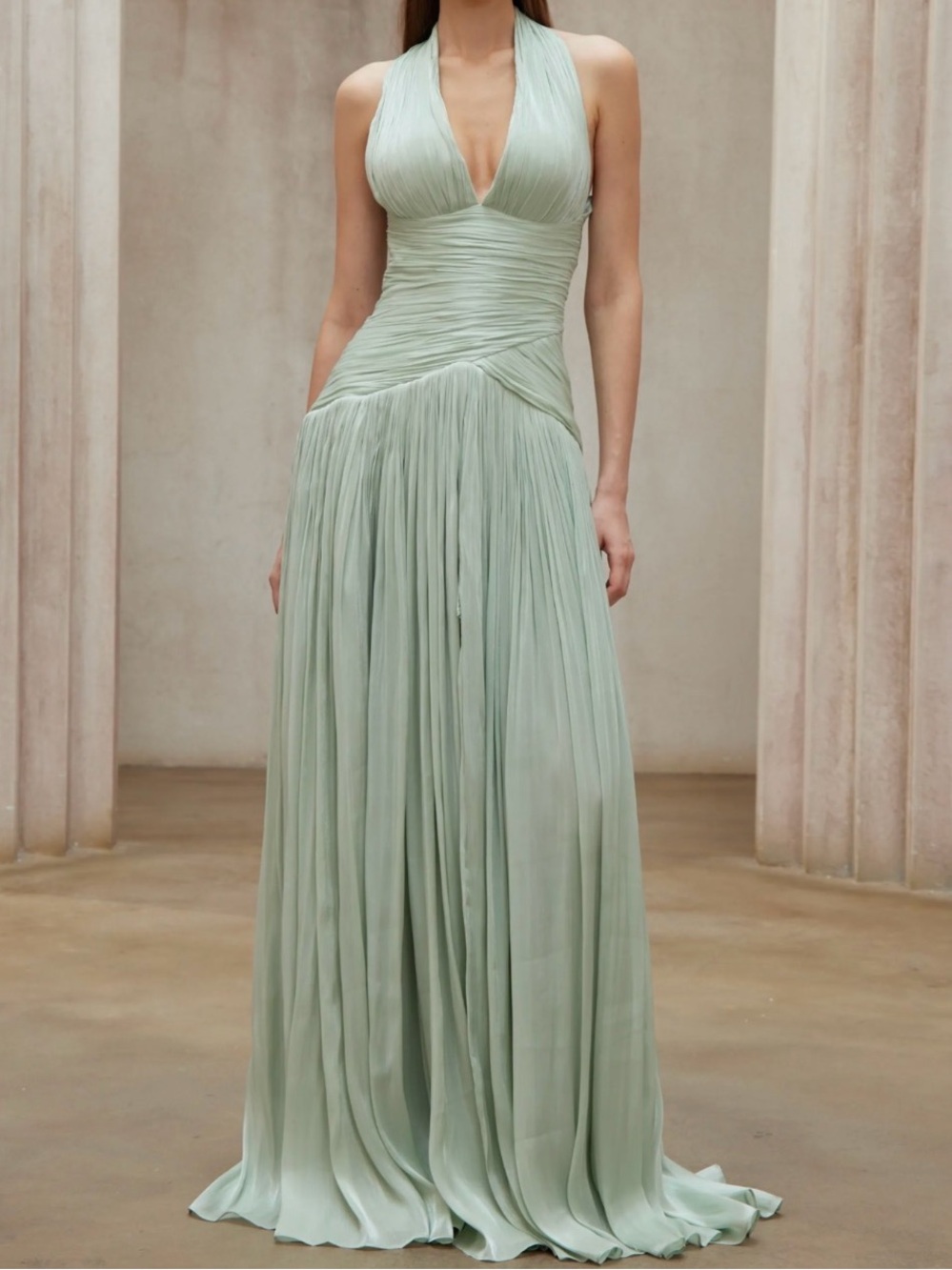 Halter Pleated Maxi Dress in Sage Green